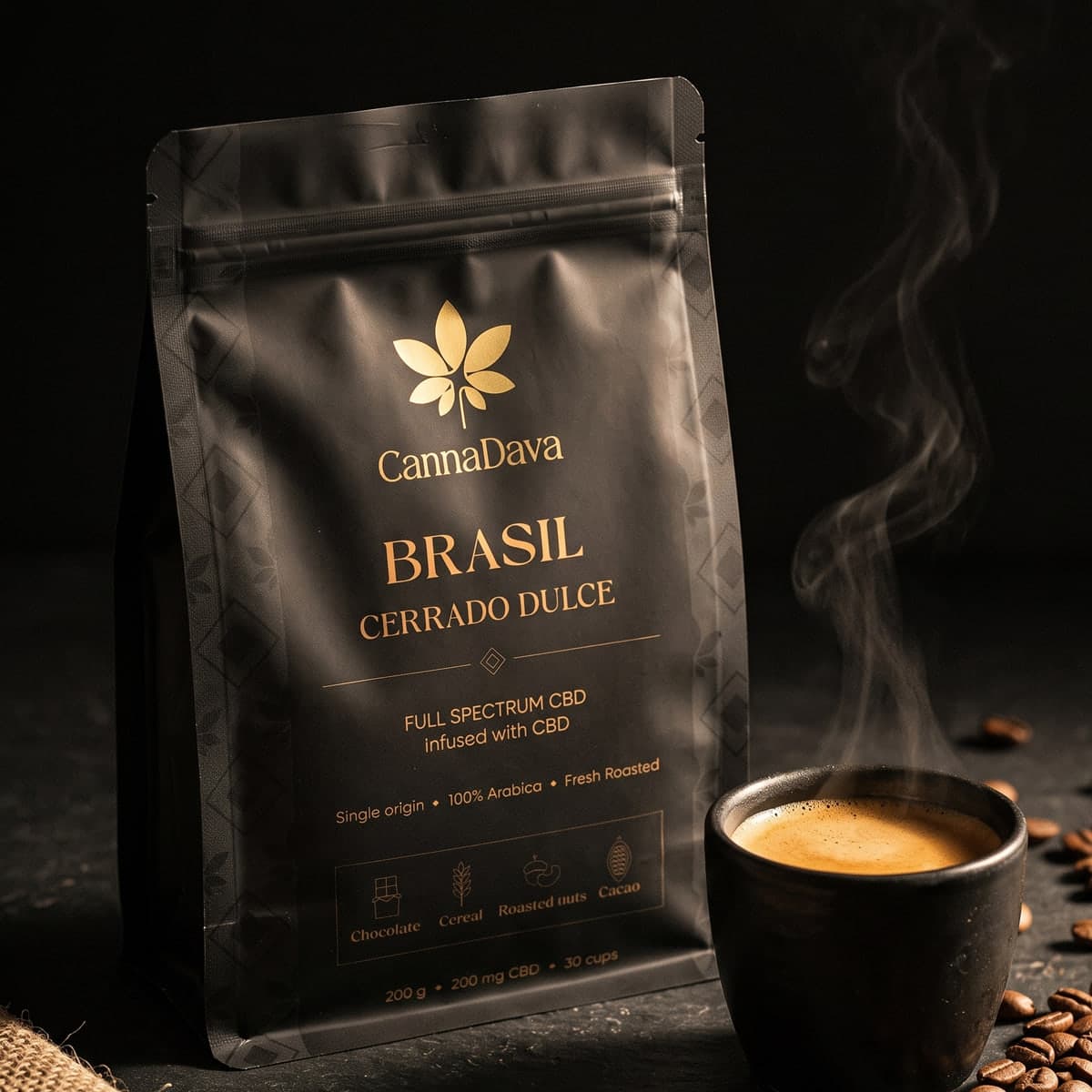Punga CannaDava Brasil Cerrado Dulce pe ardezie întunecată, alături de o ceașcă de espresso cu cremă și boabe de cafea prăjite