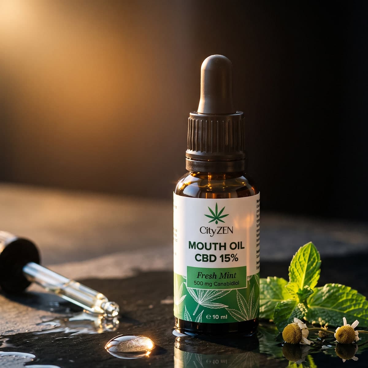 Flaconul CityZEN Mouth Oil CBD 15% Fresh Mint pe ardezie udă, alături de o pipetă de sticlă, frunze de mentă și flori de mușețel