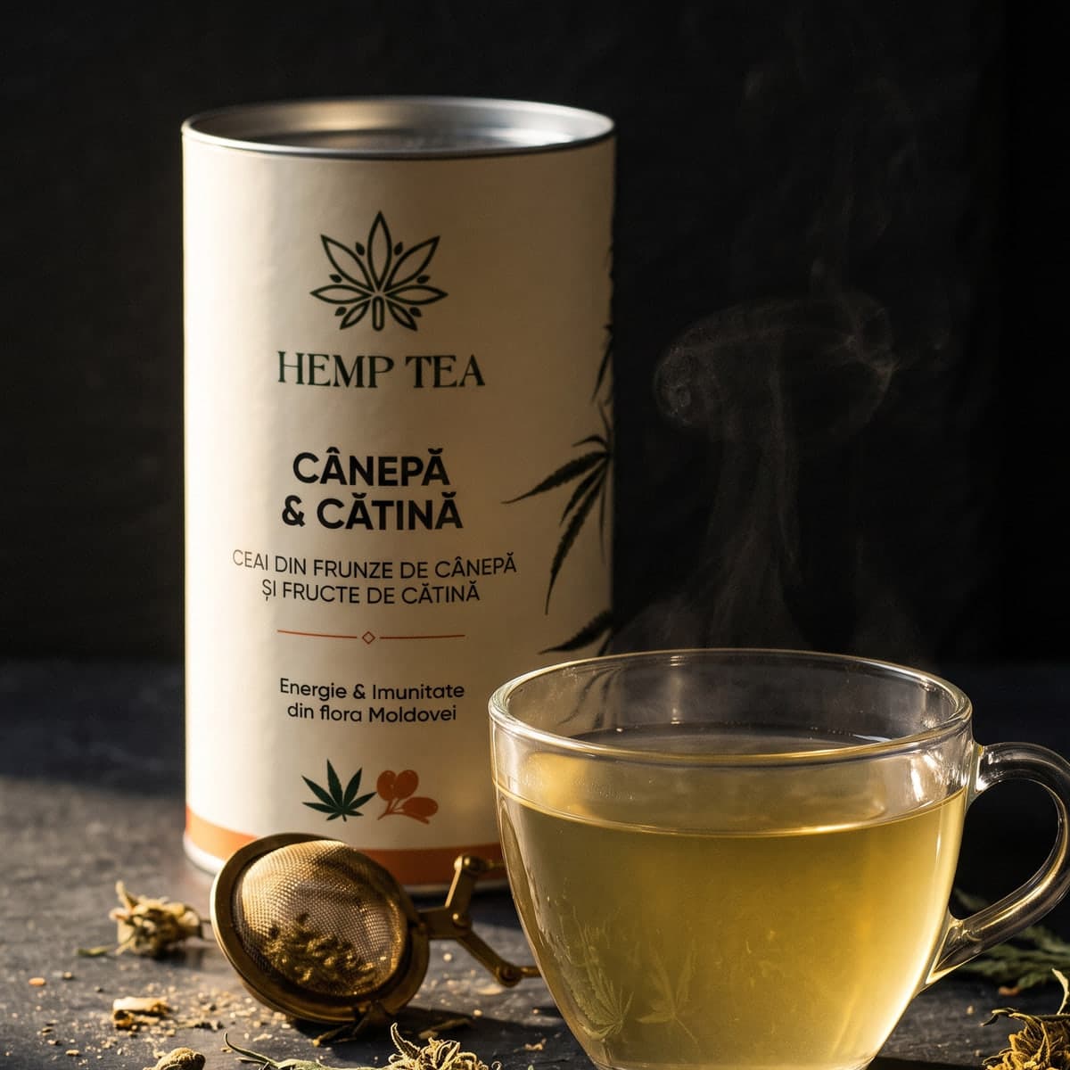 Ceai de cânepă și cătină într-o ceașcă de sticlă, alături de o infuzieră de alamă și flori uscate de cânepă